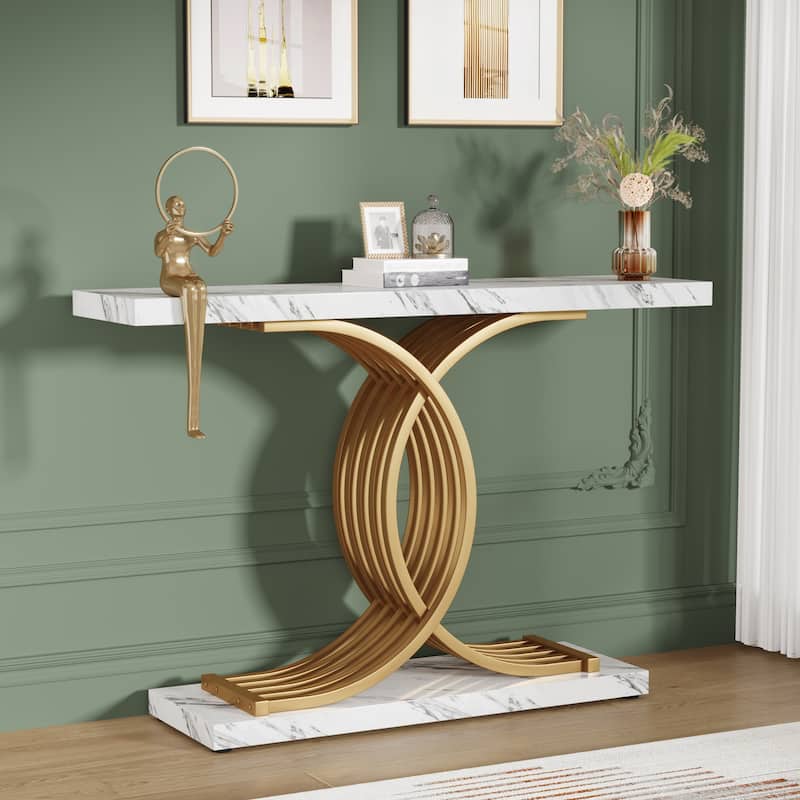 Black/ Gold Modern Sofa Table with Faux Marble Tabletop, 39 Inches Wood Foyer Table with Geometric Metal Legs for Entryway - White & Gold