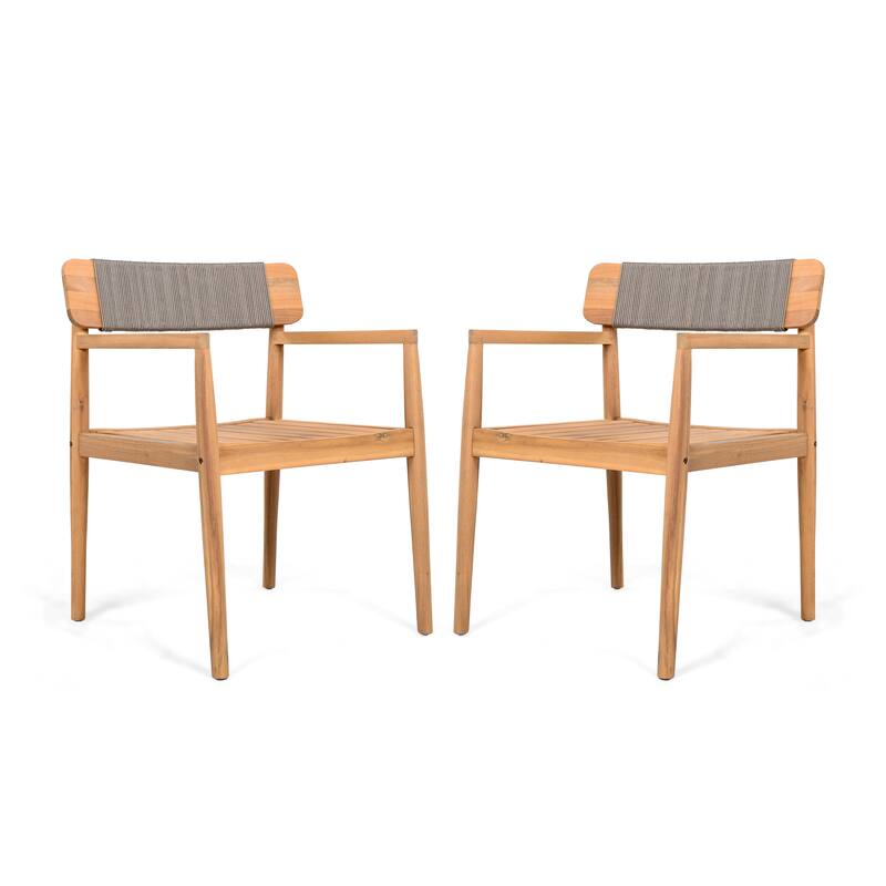 Outdoor 2 Piece Wooden Woven Dining Chair with Armrests Ropes for Terrace Restaurant Kitchen Living Room Balcony