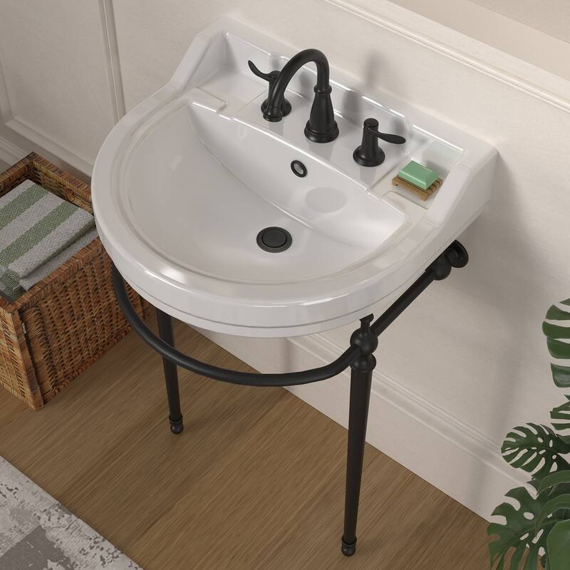 Whitehaus Console Sink With Semi-Circular Bowl, Metal Leg Supports and Front Towel Bar.