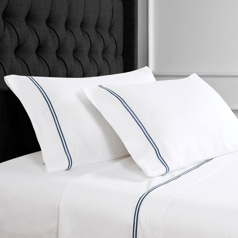 Belgian Flax Linen Collection 2 Stripe Embroidery Bed Sheet Set - King Pillowcase - NAVY EMB ON WHITE