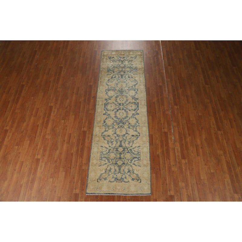 Blue Oushak Turkish Runner Rug Handmade Vegetable Dye Wool Carpet - 3'0"x 10'0"