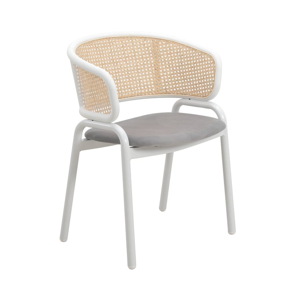 Ervilla Modern Mid-Century Velvet Side Dining Chair with Rattan Back & White Steel Legs for Kitchen, Dining Room or Living Space