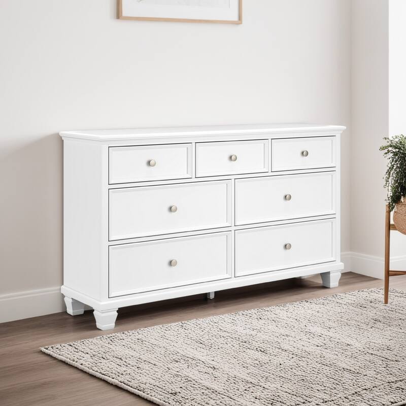 Heno Wide Dresser, 7 Storage Drawers, Nickel Round Knob Handles, White