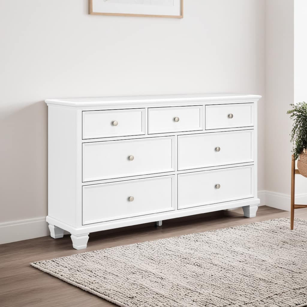 Heno Wide Dresser, 7 Storage Drawers, Nickel Round Knob Handles, White