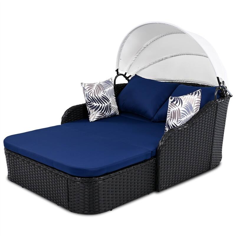 Outdoor Rattan Sunbed, Patio Wicker Daybed Lounger with Adjustable Canopy, Double Lounge,Thick Seat & Cushions, Conversation Bed