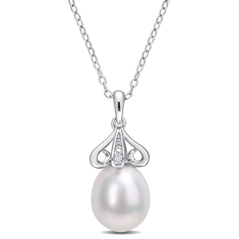 Miadora Sterling Silver Cultured Freshwater Pearl & Diamond Accent Solitaire Drop Necklace (8.5-9mm)