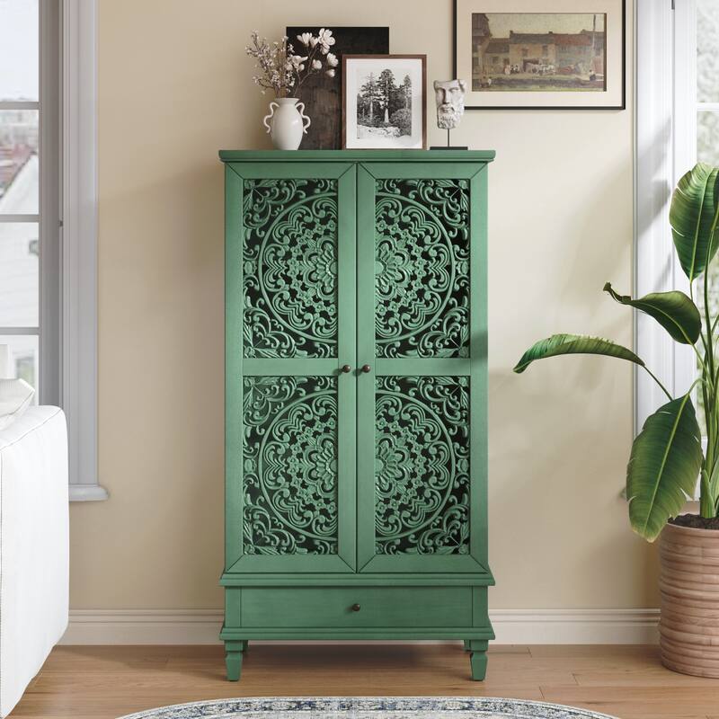Tall Storage Cabinet with Drawer, Decorative 2-Door Carved Wood Accent Cabinet - Green
