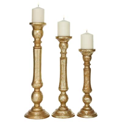 Mango Wood Candle Holder - Set of 3 Gold - Roche River Decor - 6"W x 6"L x 21"H