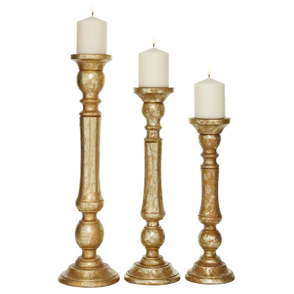 Mango Wood Candle Holder - Set of 3 Gold - Roche River Decor - 6"W x 6"L x 21"H