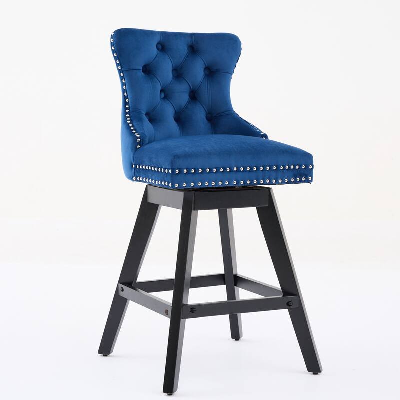 Swivel Bar Stools Set of 2, Velvet Counter Height Barstools with Wooden Legs, Kitchen Island Chairs with Button Backrest
