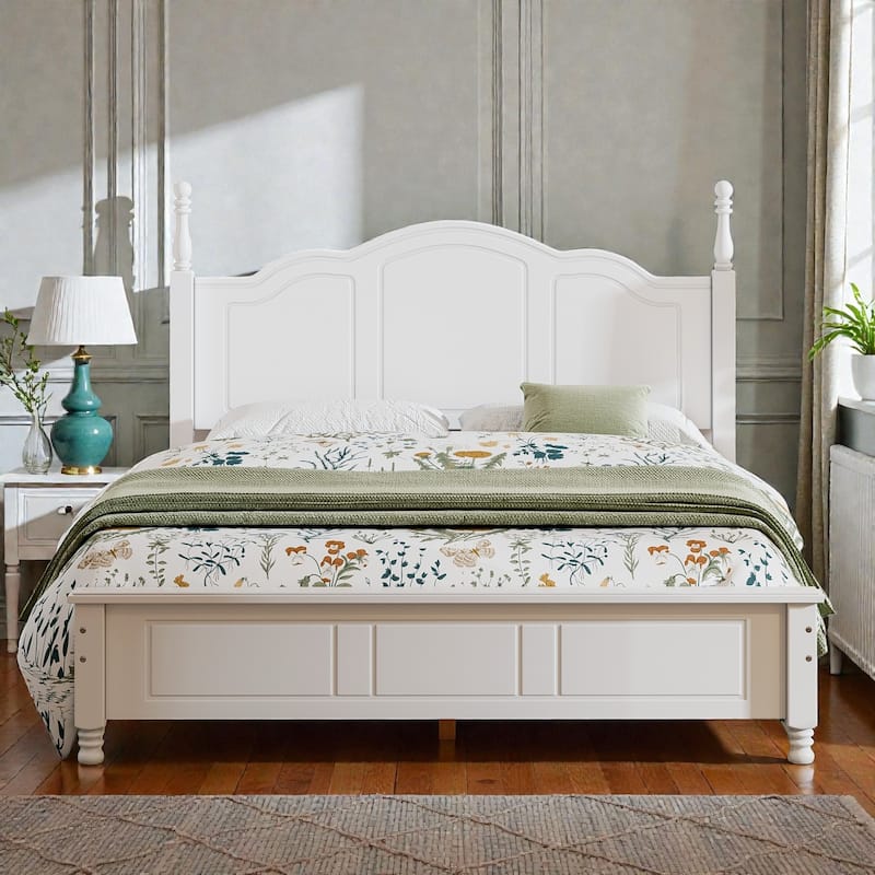 Retro Wood Platform Bed Frame with Headboard, Full Queen Bed with Wooden Slat Support, No Box Spring - White - Queen