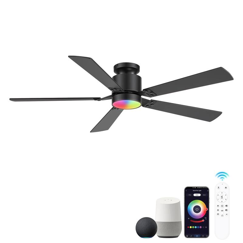 52-Inch Matte Black Flush Mount Ceiling Fan with RGB LED Light and Voice Control((5 Reversible Blades)