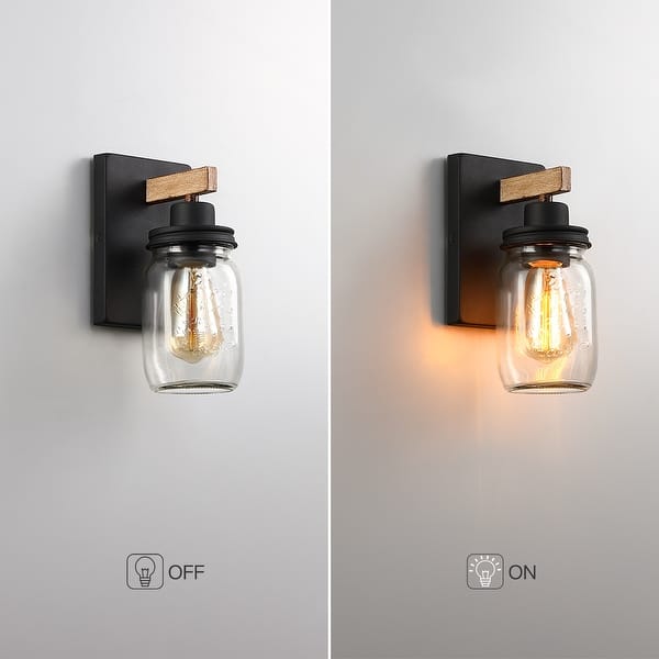 dimension image slide 0 of 2, 1-Light Black/Wood Tone Rustic Farmhouse Wall Sconce with Clear Mason Jar Glass Shade - 10"H x 4.7"W x 5.4"D
