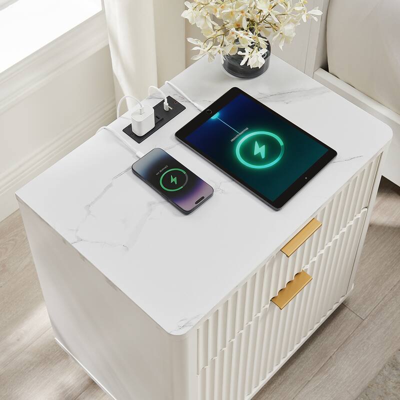 Modern Fluted Nightstand with Charging Station, 2 Drawer Bedside Table