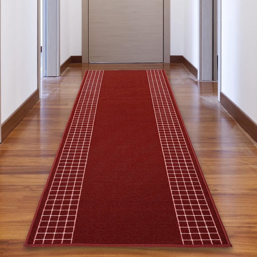 Custom Size Checkered Border Design Brown,Gray,Red Color Non-Slip Rubber Backing-26 Inch WidexYour Choice of Length Runner Rug