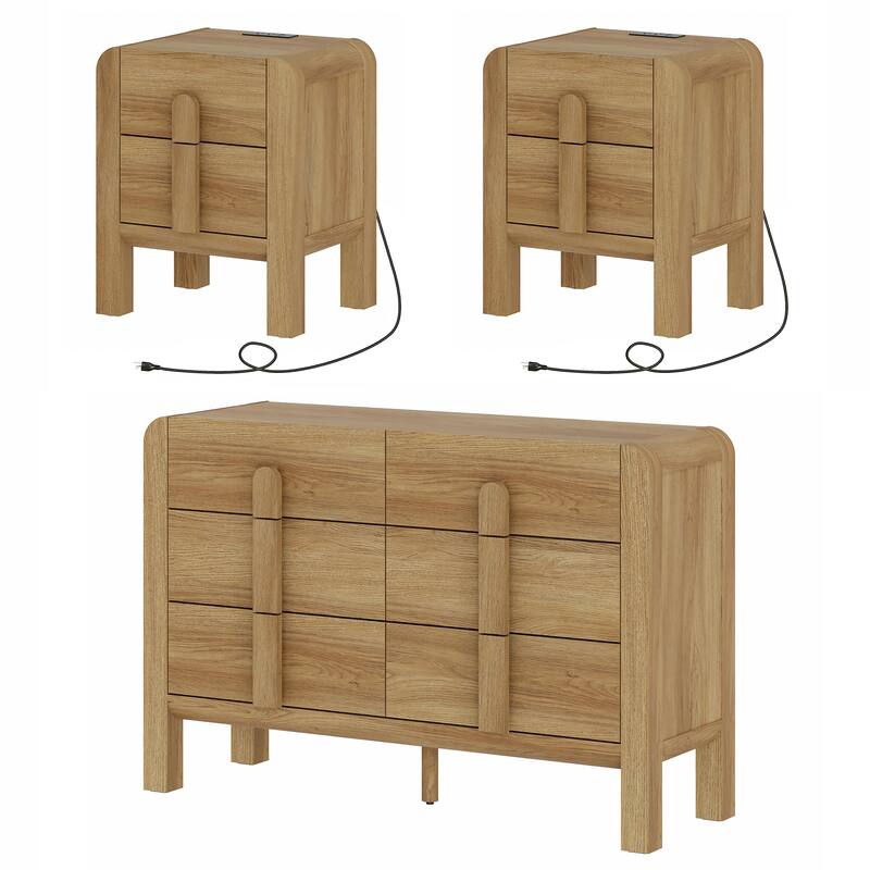 WAMPAT 3 Pcs Bedroom Set,6 Drawer Dresser And Nightstand Sets For Bedroom, Double Dresser With Curved Profile Design - Walnut