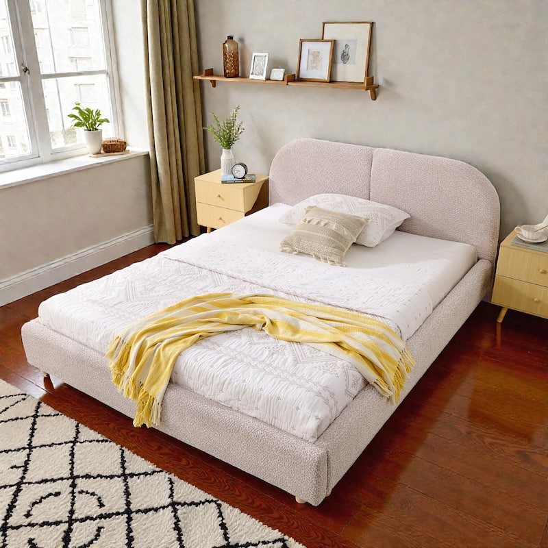 Upholstered Bed Frame with Tall Curved Headboard, Premium Circle Yarn Fabric, Modern Minimalist Platform Bed
