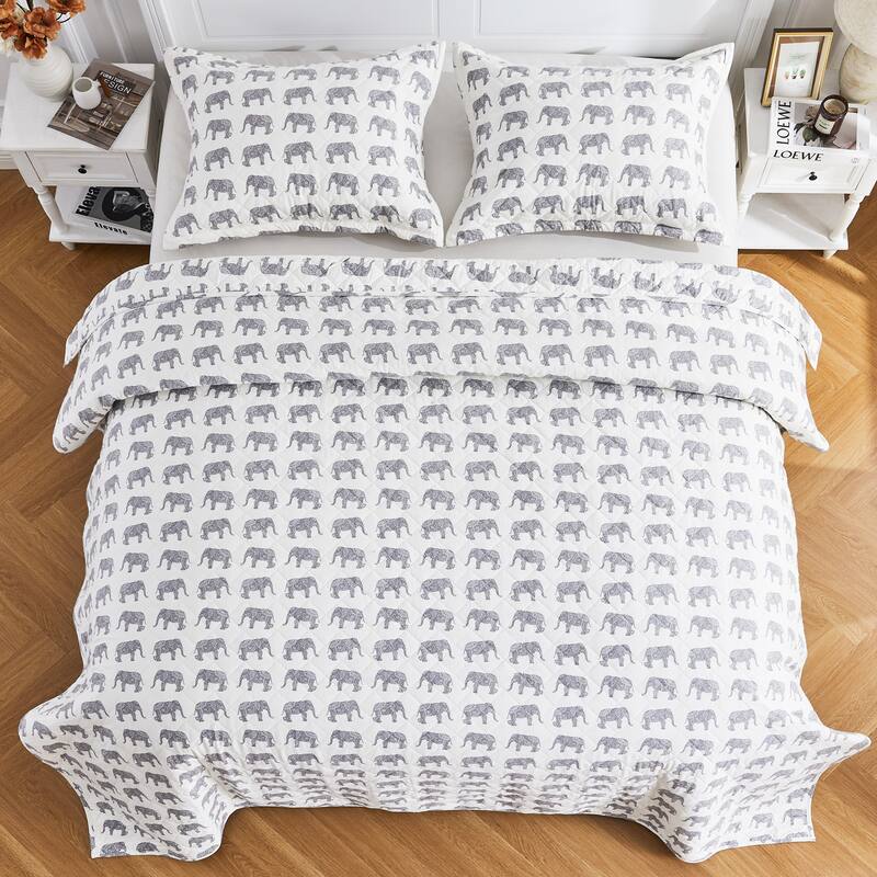 All Cotton Flannel Elephant Quilt Set Gray