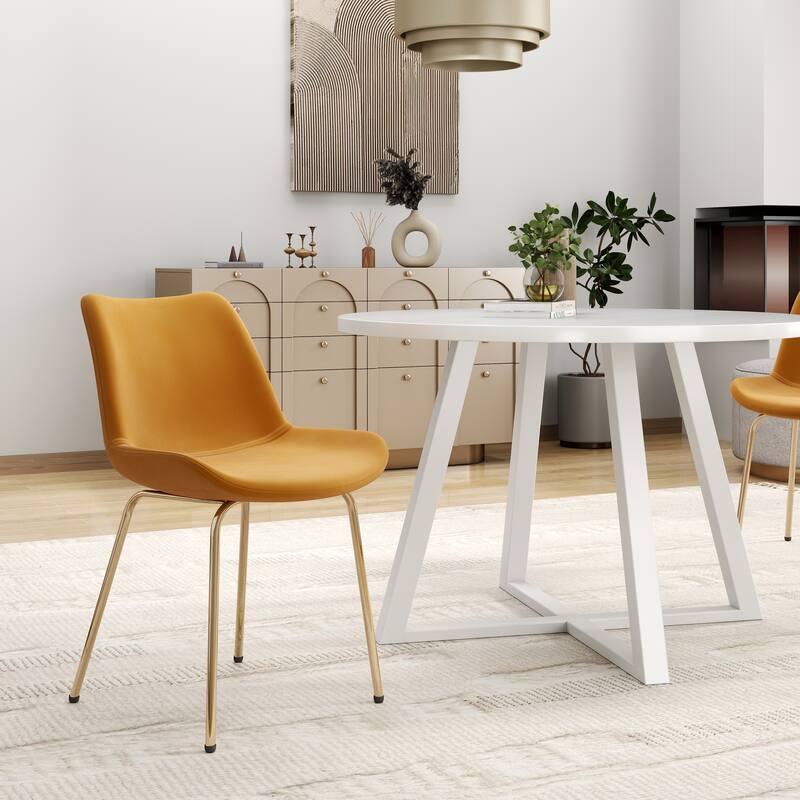 White Gold Velvet Upholstered Dining Chairs with Metal Legs, Trestle Round Dining Table, Elegant Dining Table and Chair Set