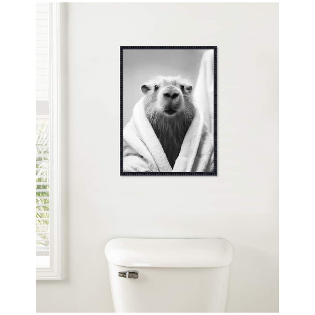 Kate and Laurel Sylvie Capybara Bathroom Art Towel Robe Black and White Framed Canvas by The Creative Bunch Studio
