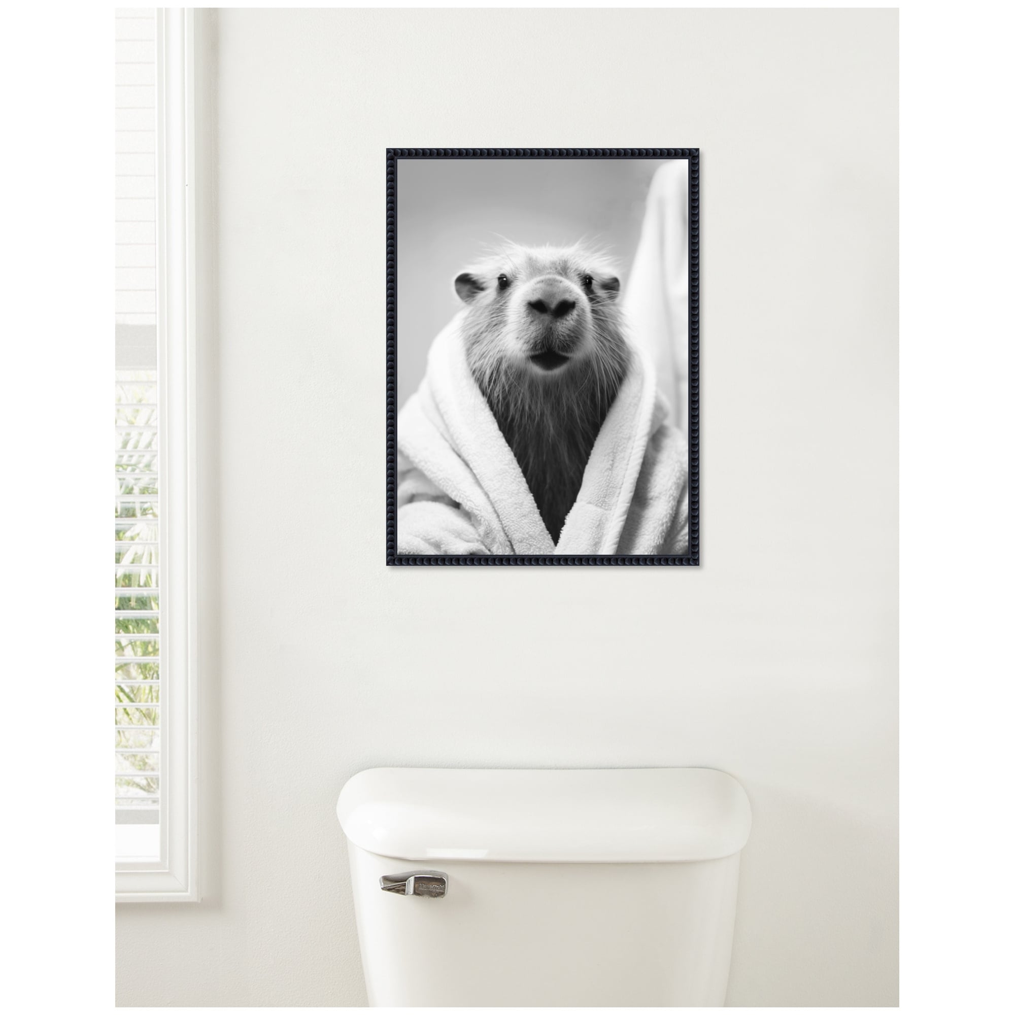 Kate and Laurel Sylvie Capybara Bathroom Art Towel Robe Black and White Framed Canvas by The Creative Bunch Studio