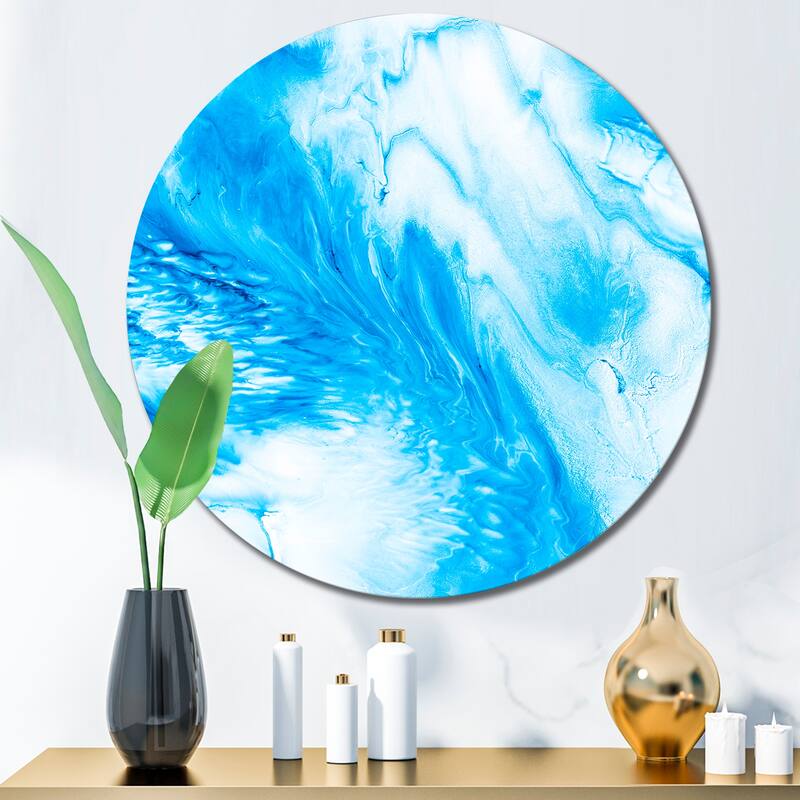 Designart 'Blue And White Liquid Art Waves V' Modern Metal Circle Wall Art - 23x23 - Disc of 23 Inch