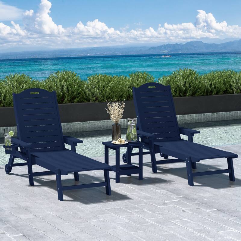 Brighton Outdoor 3-Piece Poly Reclining Chaise Set with Wheels & Cup Holder