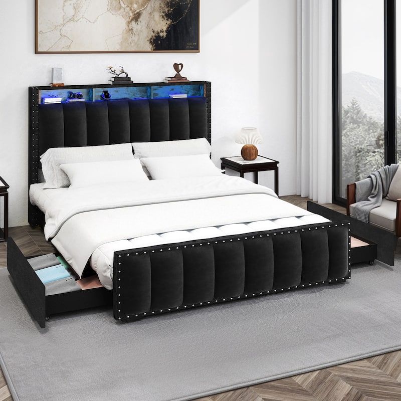 Velvet Upholstered Platform Bed with 4 Storage Drawers and RGB LED Lights&Charging Station