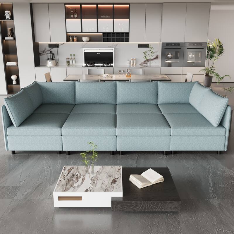 Blue 129'' Convertible 8 Seater Modular Sectional Sofa with Storage Ottoman, Comfortable Sleeper Options