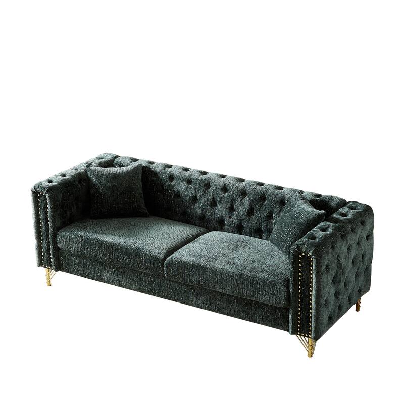 Modern 82" Chenille Buttons Tufted Upholstered 3-seater Sofa with Copper Nail Decoration and Metal Legs