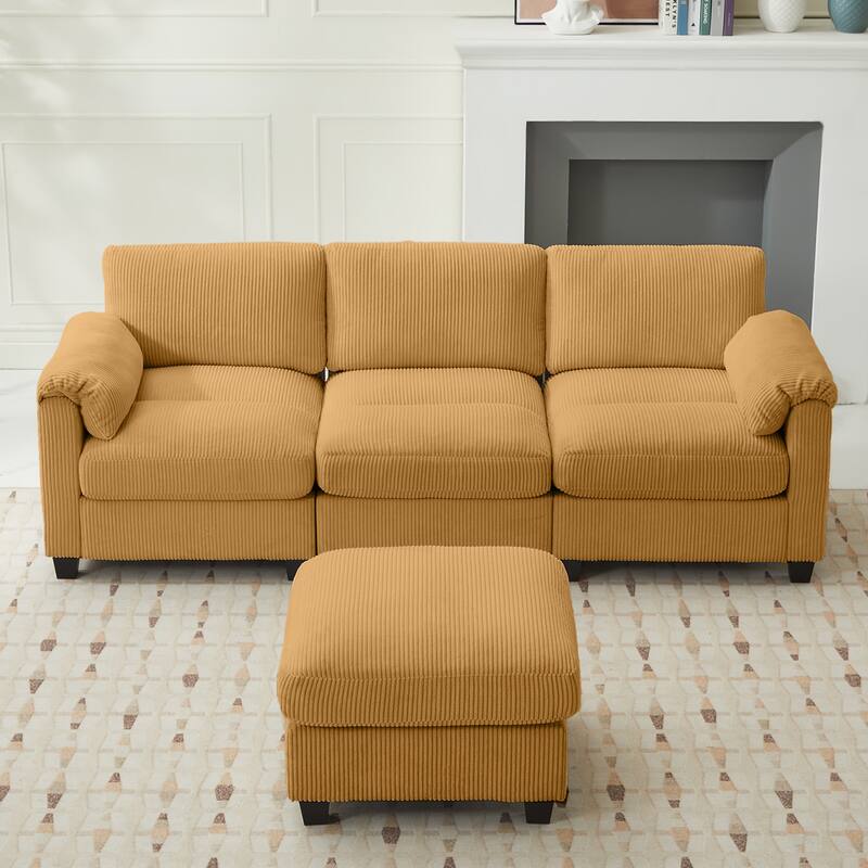 Multi-Seater Corduroy Sectional Sofa, Modular Settee, Included Removable Ottomans