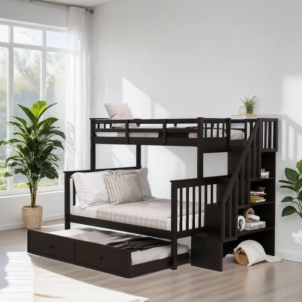 slide 2 of 27, Maximized Space Twin over Full Bunk Bed with Twin size Trundle, Storage and Guard Rail for Bedroom, Dorm, for Adults, Espresso Espresso