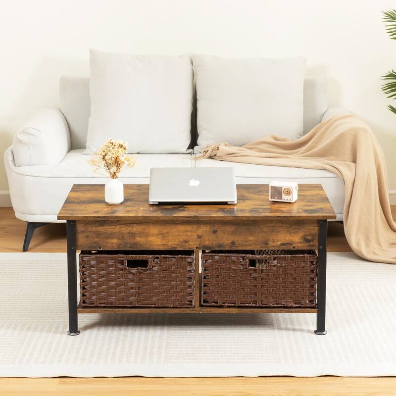 Metal Coffee Table with Lifting Top and Hidden Storage Space, Removable Wicker Baskets