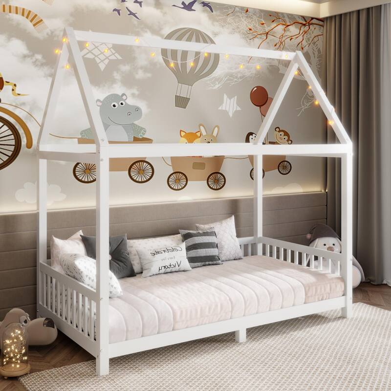 Kids Wooden Bed with Roof and Fence Style Frame, LED Lights and Full Guardrail Design - Twin White - Twin