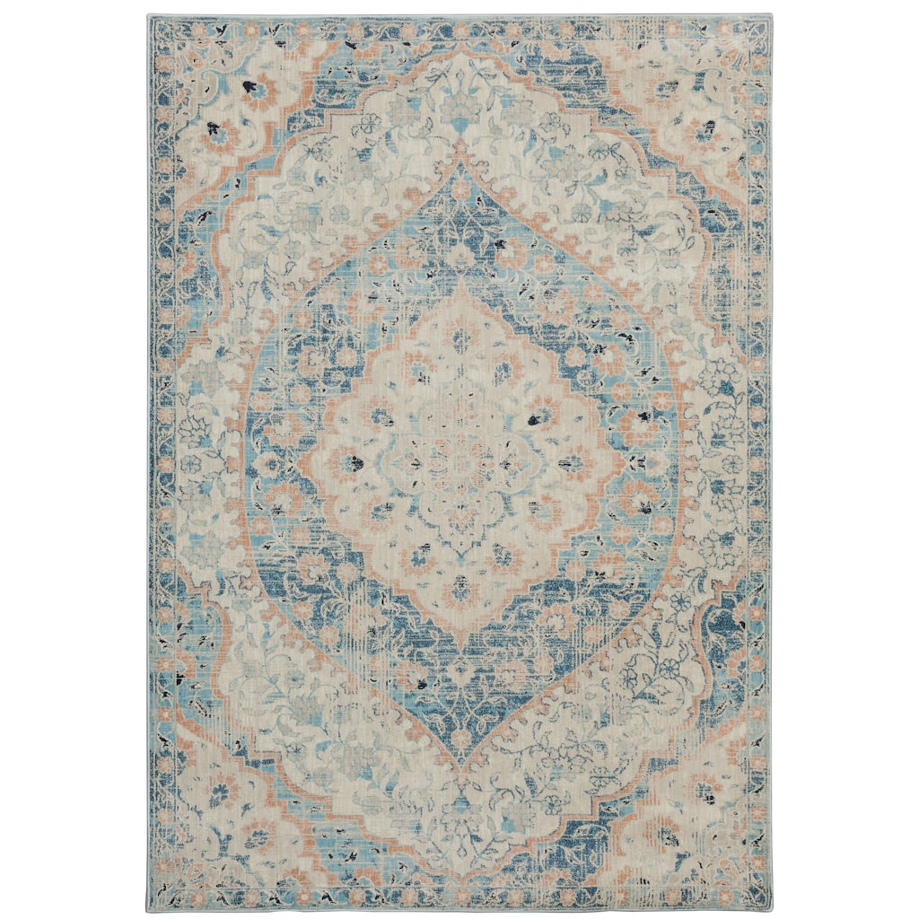 Syracuse Blue Orange Oriental Distressed Traditional Casual Area Rug
