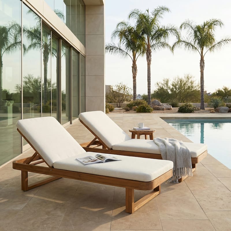 Christopher Knight Home - Milos Outdoor Acacia Wood Chaise Lounge with Adjustable Backrest & Water Resistant Cushioned Seat - Set of 2+Sand+Teak Finish