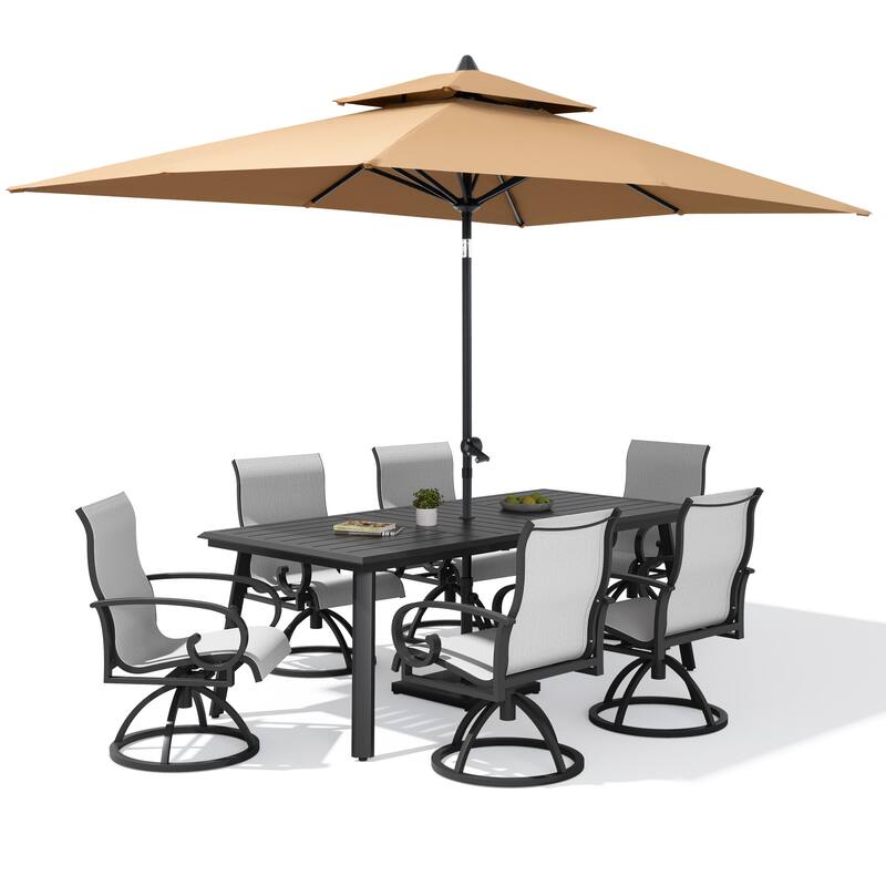 9-Piece Set Outdoor Aluminum Patio Dining Table and Swivel Sunbrella Dining Chairs with Umbrella and Base