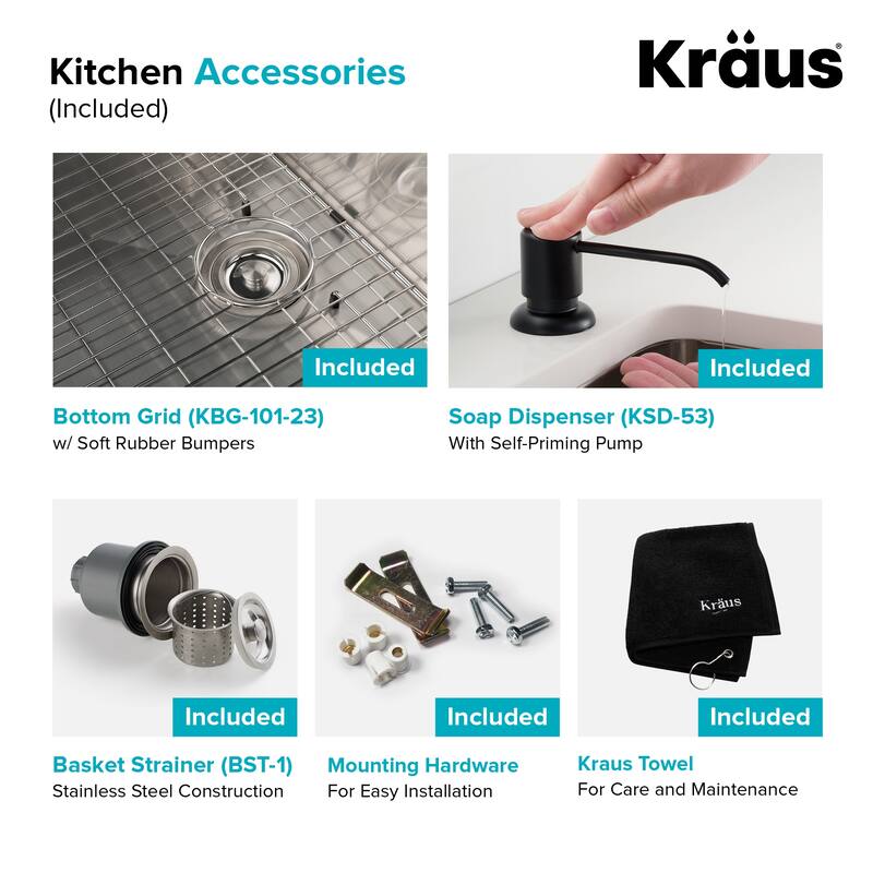 Kraus 3-in-1 Set Undermount Kitchen Sink, Pulldown Faucet, Dispenser