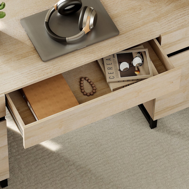 WAMPAT 59" Executive Desk with Charging Station & Storage Cabinet + 72" Tall Bookcase with 6 Drawers.