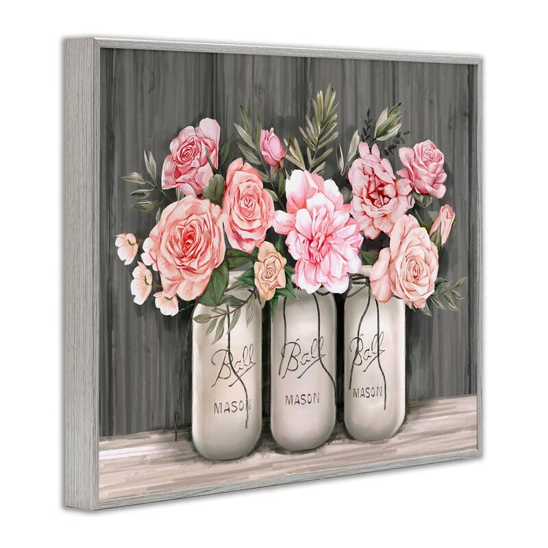 Stupell Blossoming Pink Rose Bouquets Rustic Country Jars Framed Wall Art