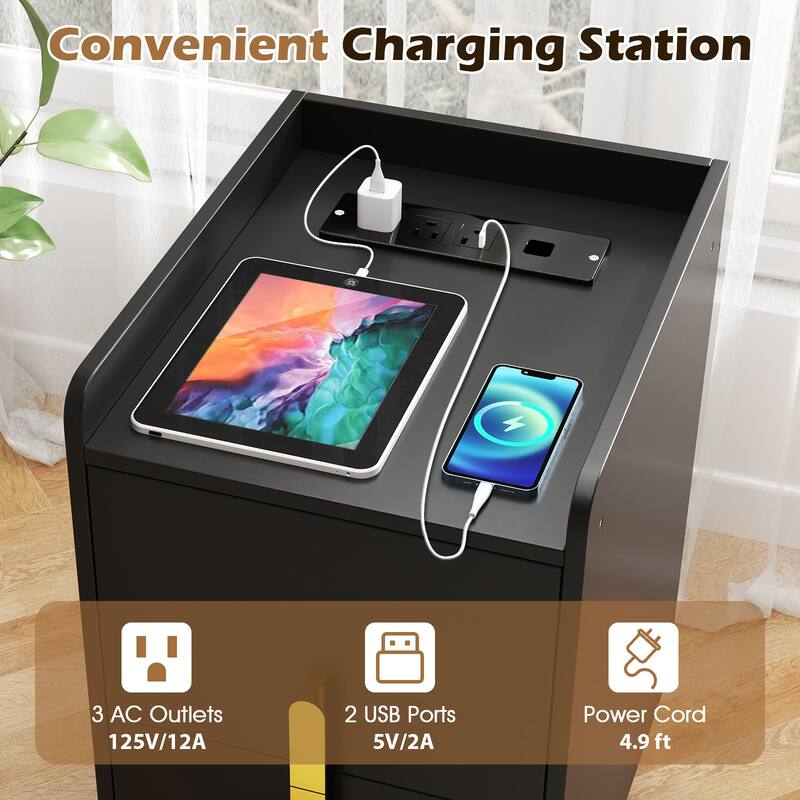 Gymax 2PCS Nightstand w/ Charging Station Home Bedside Sofa Side