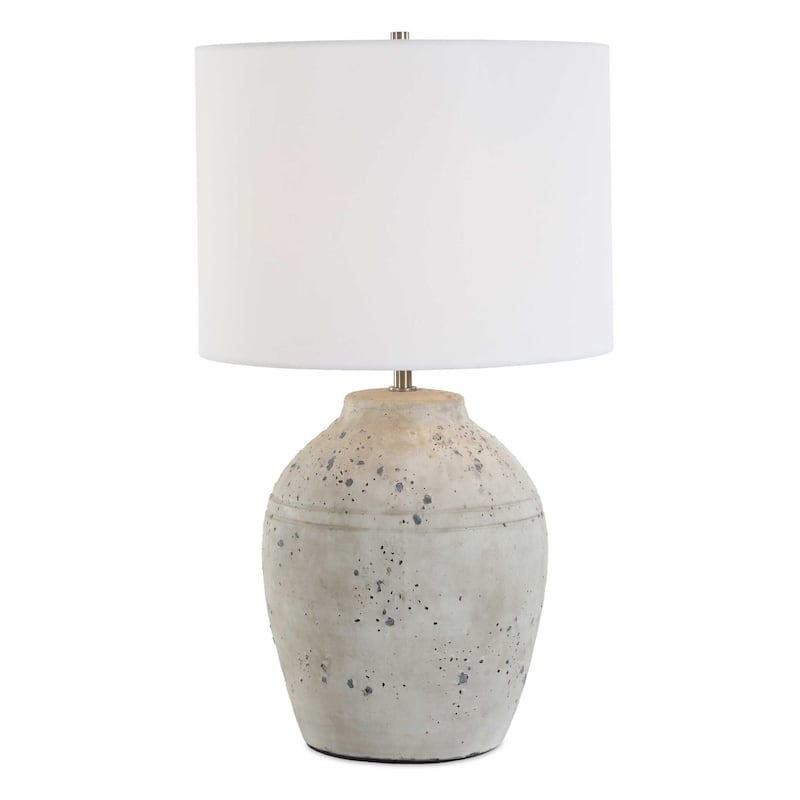 Table Lamp, Round Linen Shade, 24 Inch Distressed White Ceramic Body