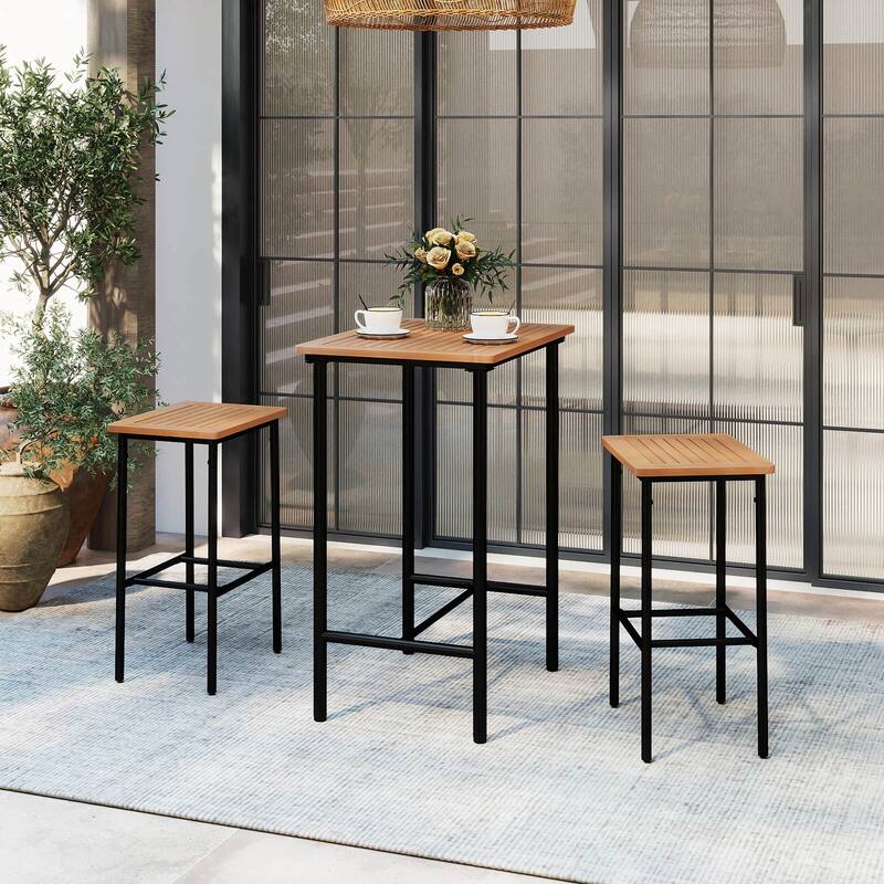 Costway 3 PCS Acacia Wood Patio Bar Set, Outdoor Bar Height with Metal - See Details - Natural and Black