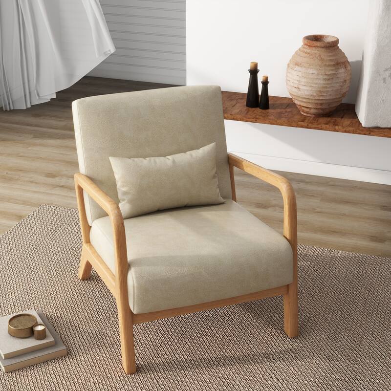 Modern Upholstered Accent Chairs for Living Room - Natural Wood - Cream&PU
