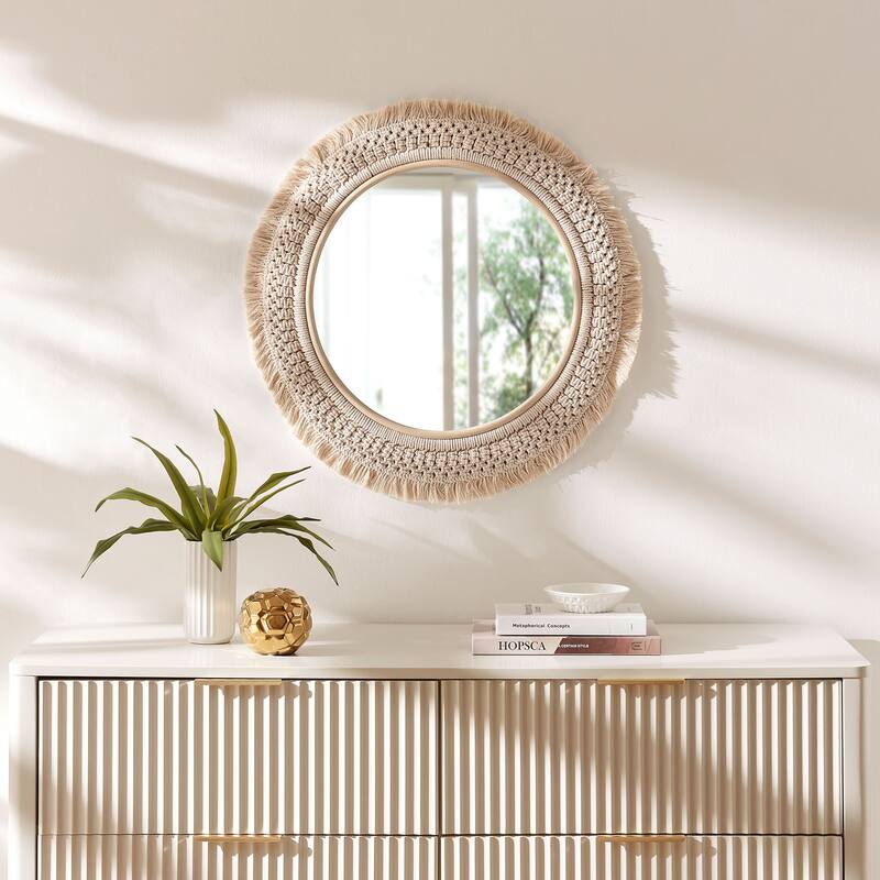 Jade Round Rattan Macrame Wall Mirror - Natural