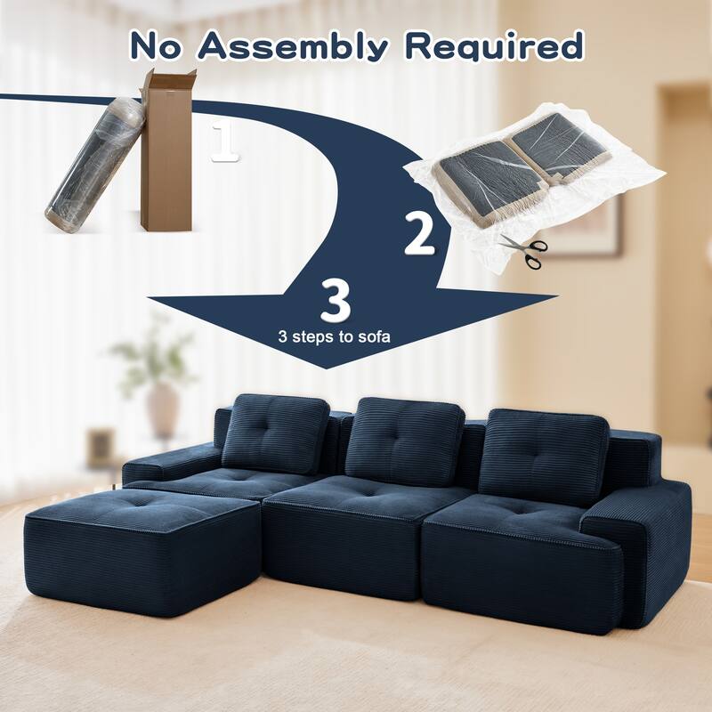 117" Modern L-Shaped Modular Sectional Sofa for Living Room, Corduroy Fabric,3-Seater Couch with Deep Seat and Movable Ottoman