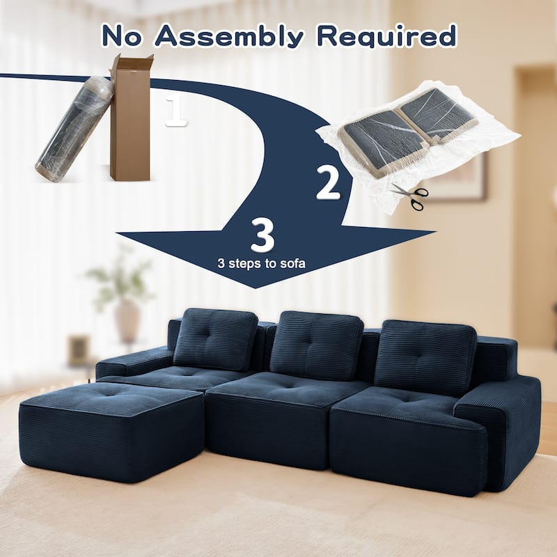 Roomfitters No Assembly Modular Sofa, 117 Inch Corduroy 3-Seater with Piping, Blue