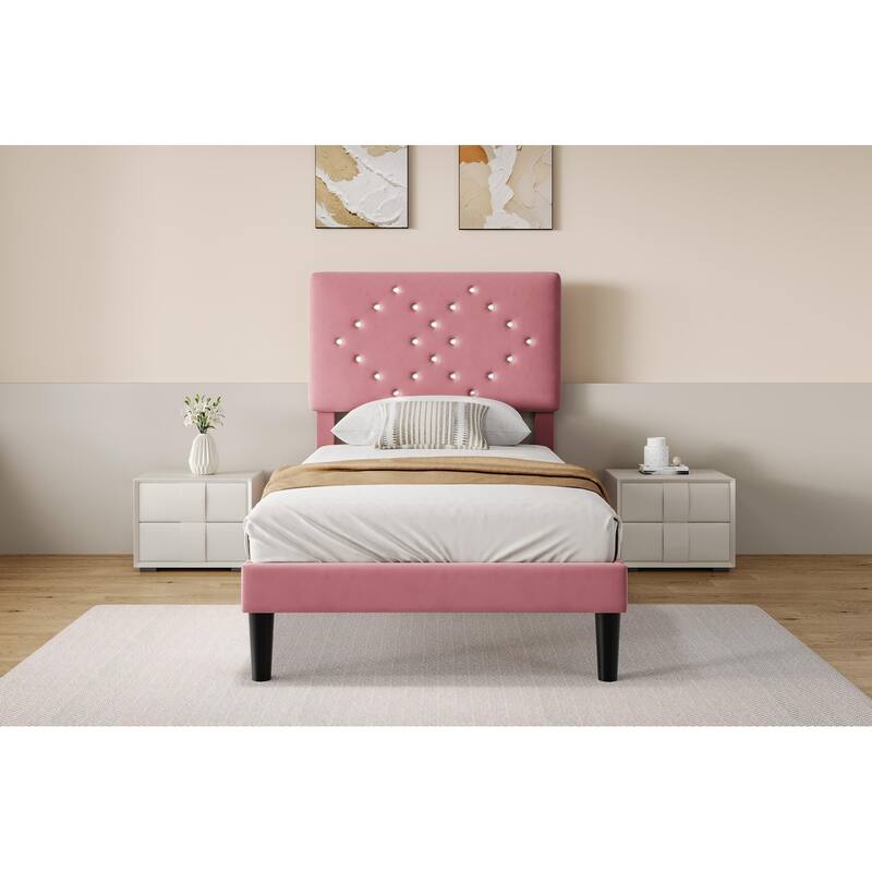 Bed Frames, Velvet Upholstered Bed Frame with Vertical Channel Tufted & Sturdy Wood Slats