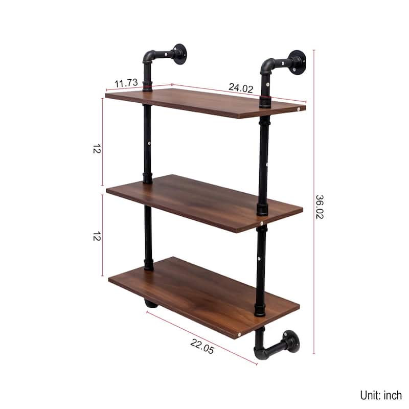 2-piece Rustic Industrial Pipe Wall Mounted Display Shelves with 3 Hooks