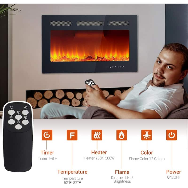 Wall Mount Electric Fireplace, Touch Screen and Remote Control, 12 Flame Colors